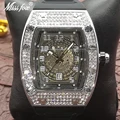 Hip-hopowy MISSFOX Tonneau w kształcie mężczyzn zegarki Iced Out moda w stylu klasycznym zegarek pełny stalowy diament wodoodporny zegar Dropshipping