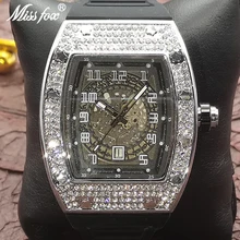 Hip Hop MISSFOX Tonneau Shaped Men Watches Iced Out Fashion Classic Style Watch Full Steel Diamond W