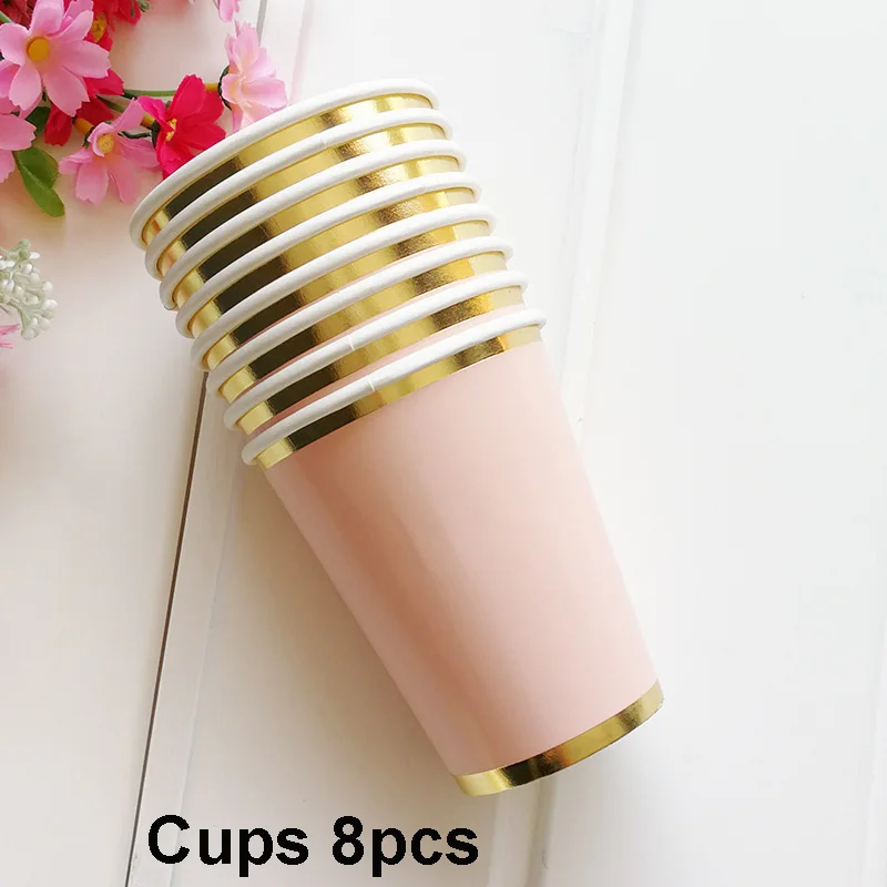 Cups 8pcs Розовое золото в полоску одноразовая посуда на день рождения тарелки Позолоченные бумажные соломинки/чашка украшение стола свадебные принадлежности для вечеринок - Цвет: Cups 8pcs