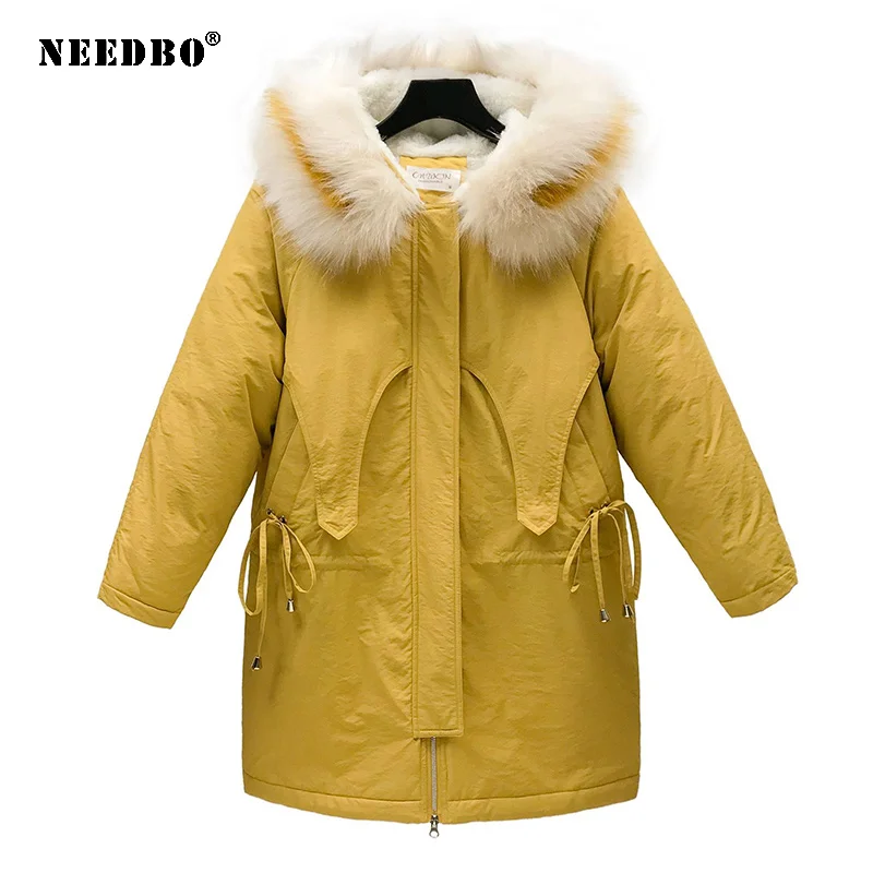 NEEDBO Warm Woman Winter Coats Puffer Winter Jacket Women Long Parka Fur Collar Casual Padded Outwear Black Long Fur Coat Women