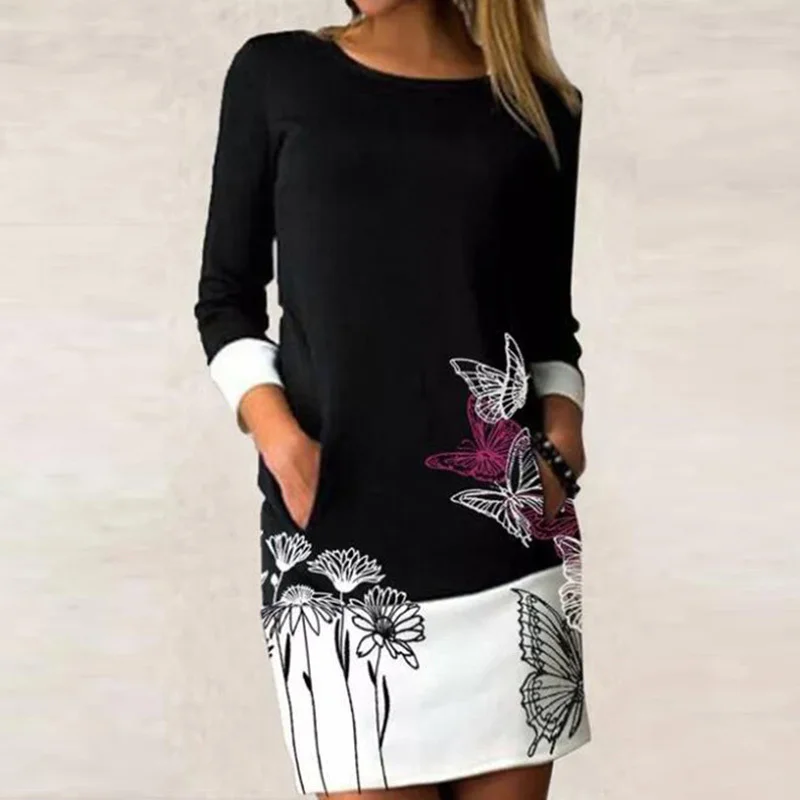 

Women Floral Print Patchwork Dress Casual O Neck Long Sleeve Straight Dresses Female Long Sleeve Loose Vintage Vestidos