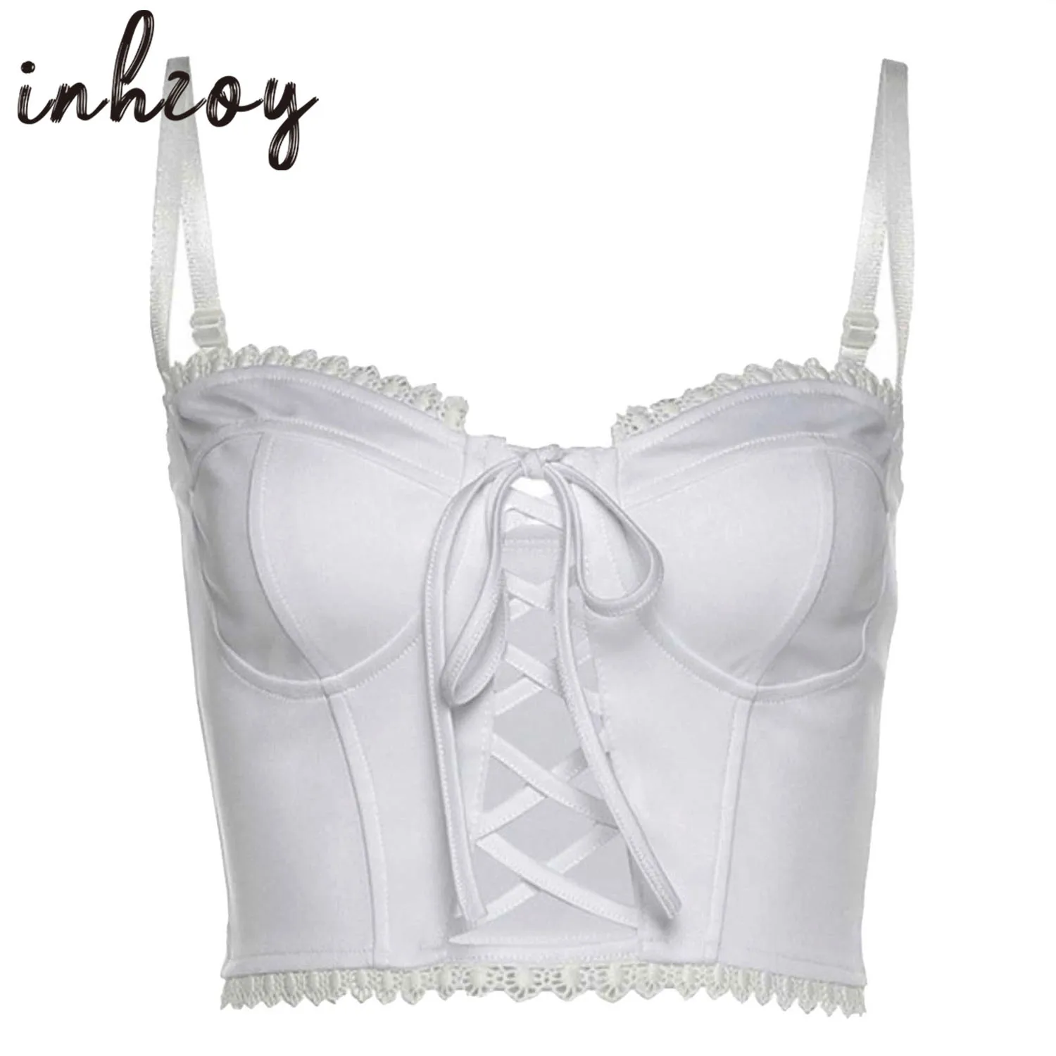 

Ladies Bustier Corset Top Push Up Bra Lace Spaghetti Straps Tank Top Y2K Sexy Cutout Lingerie Tops Black White