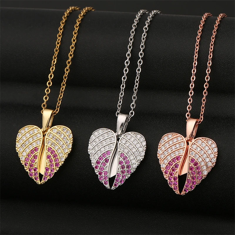 

fashion heart-shaped pendants for men and women Trending personality Diamond-encrusted Wings Couple Necklace Jewelry wholesale