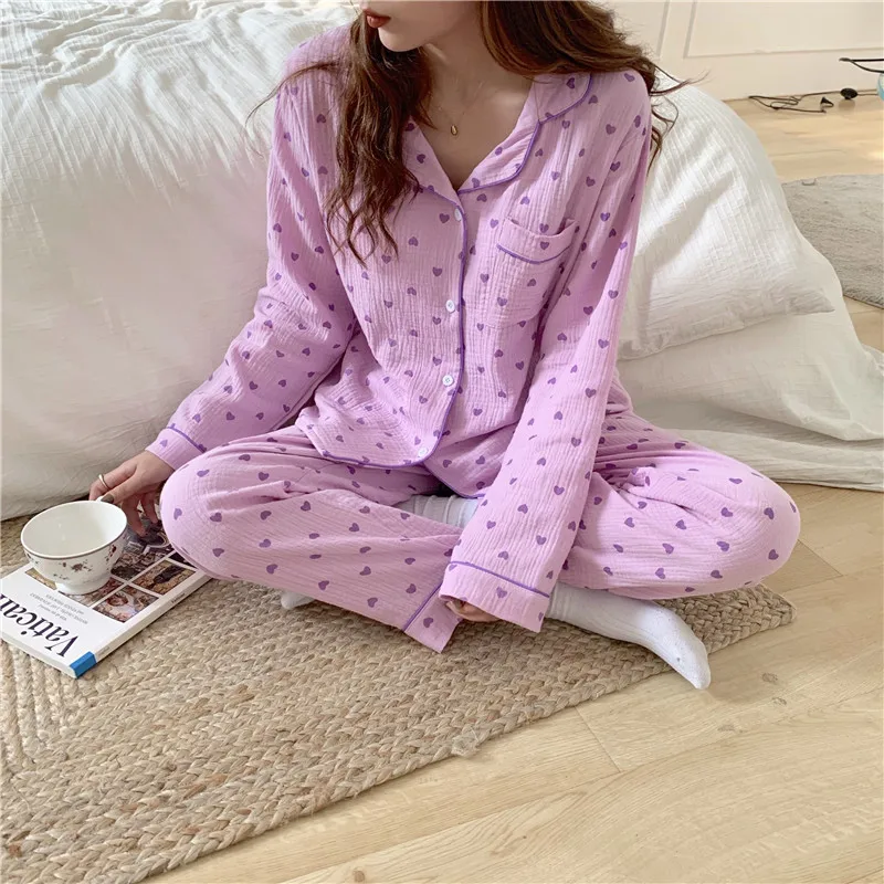 women home suit cotton pajamas set autumn winter sleepwear long sleeve shirts pants pyjamas comfortable cute love heart