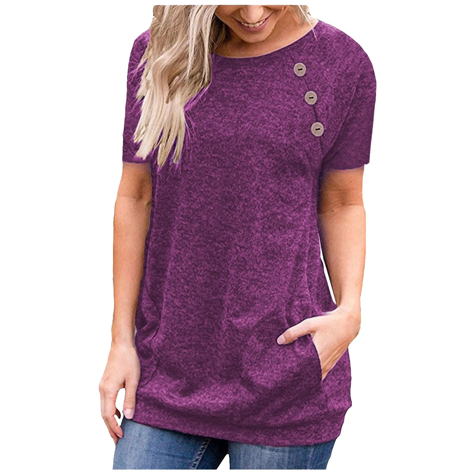 2021 женские фиолетовые блузки на пуговицах с круглым вырезом Блузки Женская
