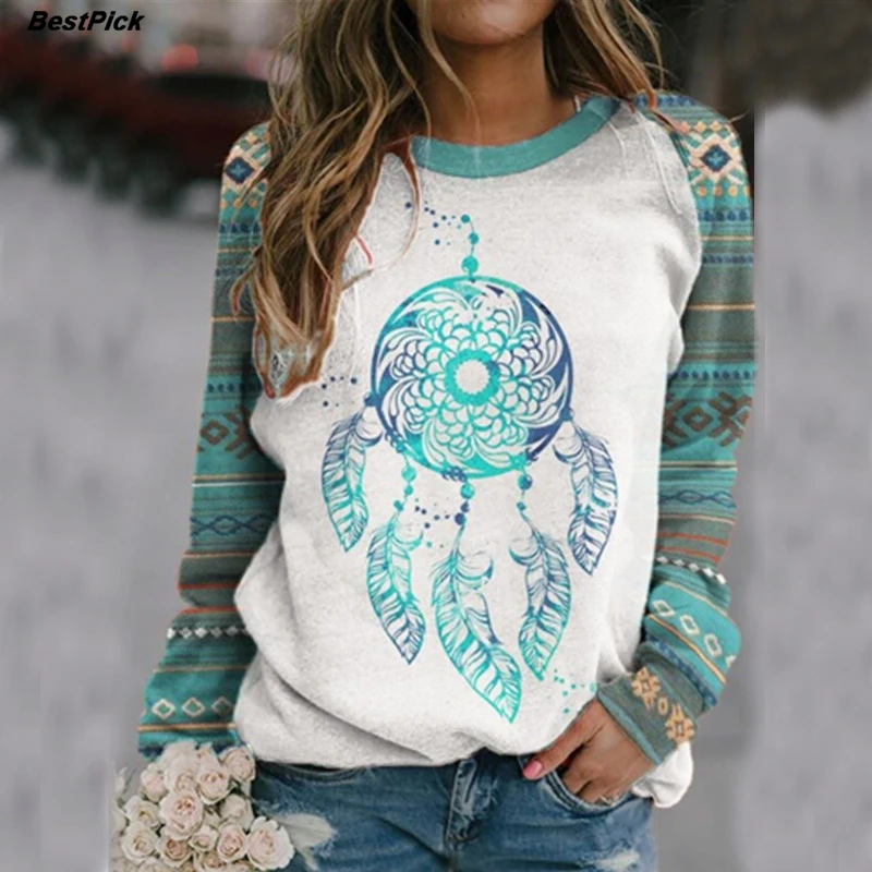 

Женские винтажные свитшоты 2021, Осенний пуловер в этическом стиле с круглым вырезом и длинным рукавом, свободные женские футболки, уличная о...