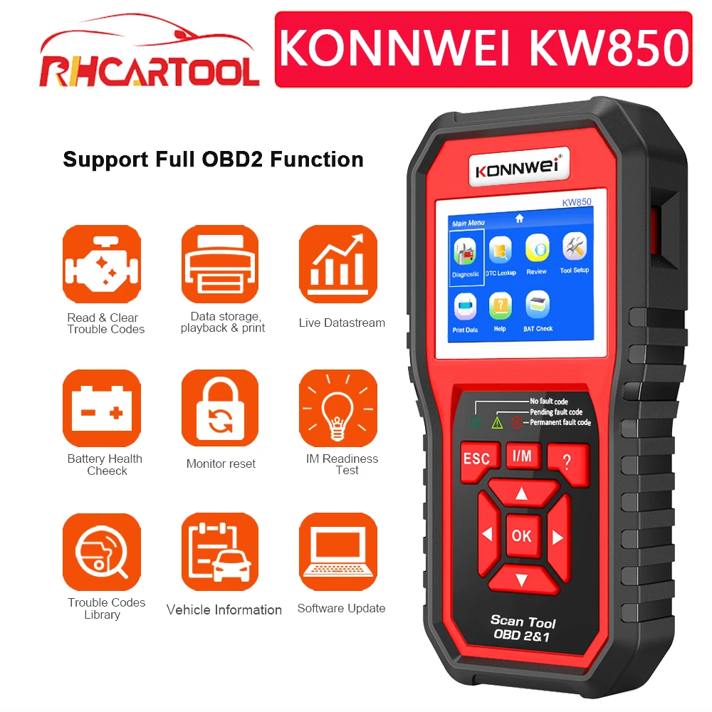 Автомобильный диагностический сканер KONNWEI KW850 полнофункциональный OBD2 прибор для