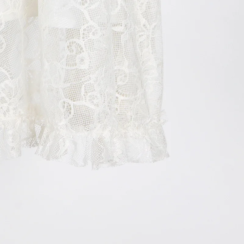 

2021 Summer New Lace Mini Dress Women Stand Crocheted Hollow Cake Dress LongSleeves High Waist Slimming Elegant Short Dress