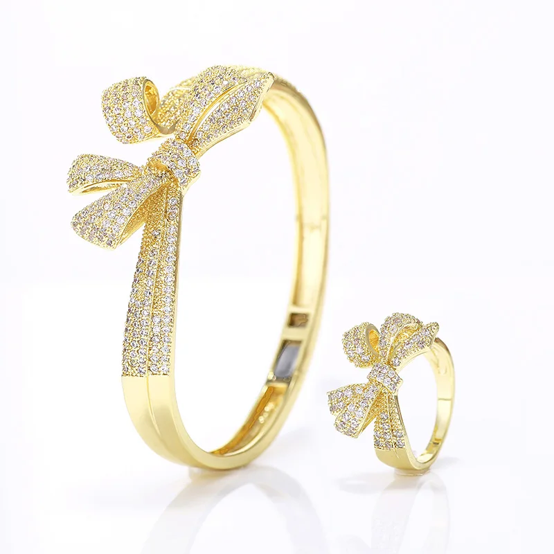 Очень модный женский Блестящий бант браслет и кольца золотое покрытие микро паве