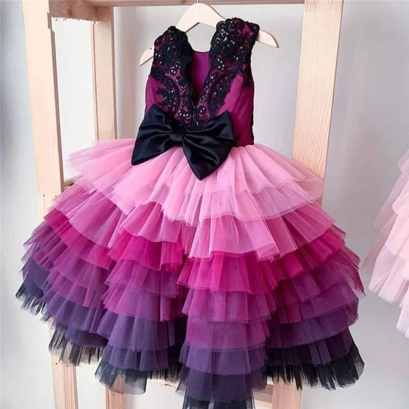 

Formal Colorful Tiered Flower Girl Dress for Wedding Tulle Baby Girl Birthday Party Ball Gown with Bow Lace Top Kids Costumes