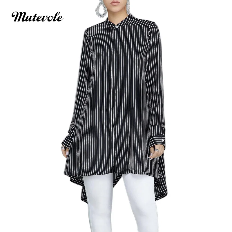 

Mutevole Fashion Long Sleeve Striped Shirt Blouse Women Casual Loose High Low Blouse Spring Autumn Elegant Patchwork Split Shirt