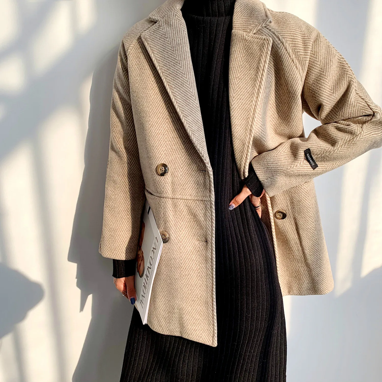 

MSXU Elegant Women New Winter Elegant Vintage Pocket Patchwork Casual Woolen Coat Blazer