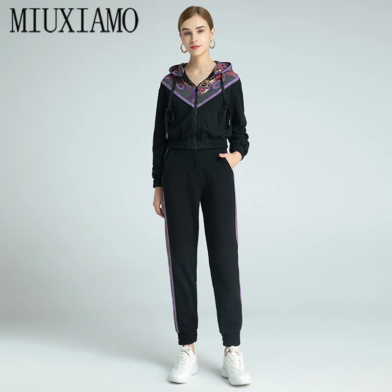 

MIUXIMAO 2020 High Quality Autumn Two Piece Set Fashion Long Sleeve Slim Black Top+ Long Trousers Office Lady Suit Women