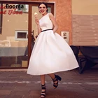 Короткие свадебные платья Booma, атласное платье невесты, без рукавов, с вырезом лодочка, простой дизайн, платья для свадебной вечеринки, размера плюс, с поясом, 2020