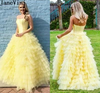 janevini yellow long prom dress for girls puffy tiered tulle ball gowns strapless women formal evening gown suknia wieczorowa