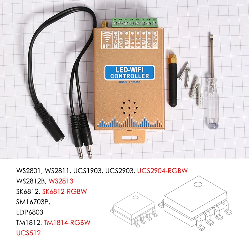 LC2000A/B Wi-Fi музыкальный SPI контроль светодиодный цифровой пиксельный светильник, светодиодный контроллер экрана 1024-2048 пикселей, со встроенным микрофоном