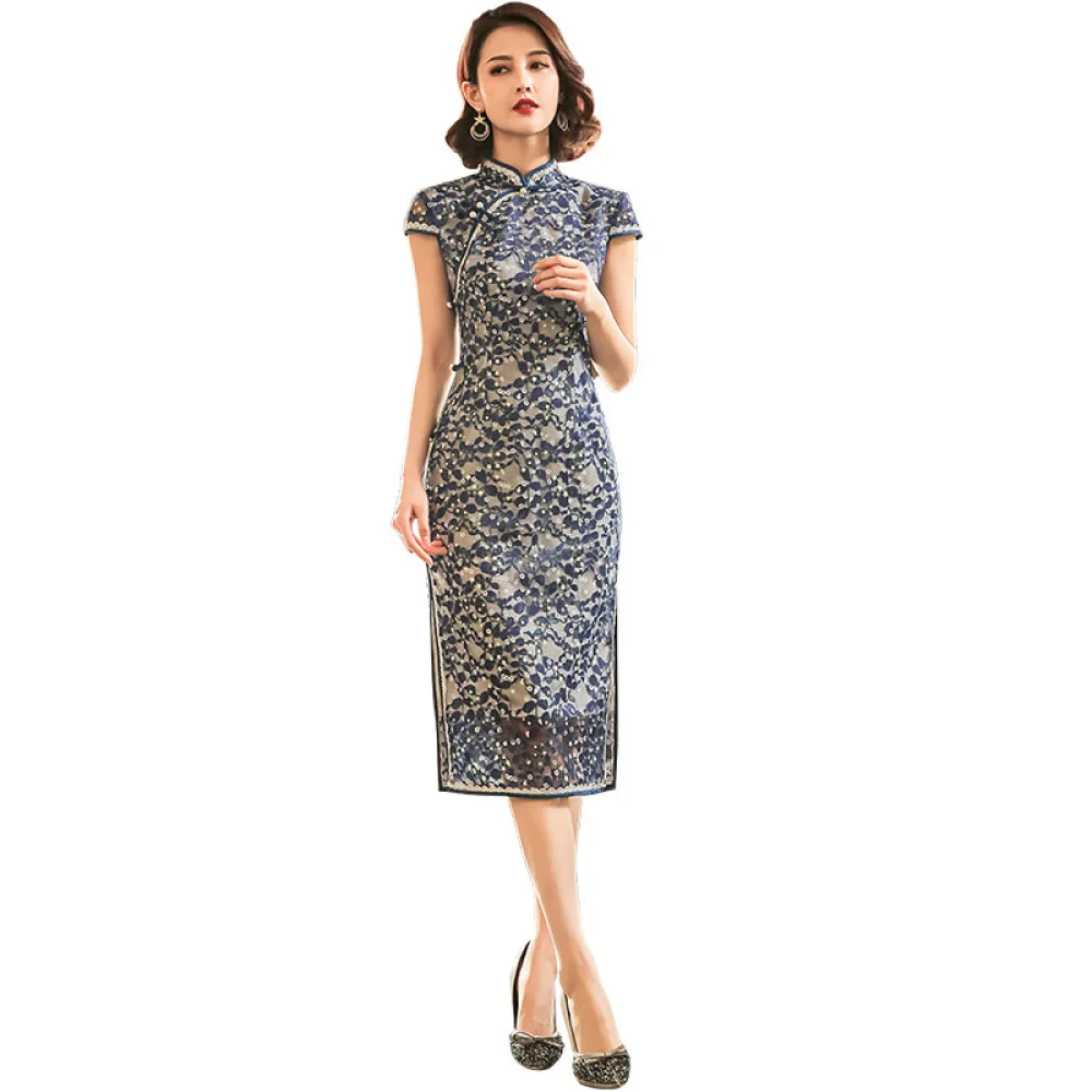 

Chinese Style Retro Embroidery Mid Length Elegant Lady Dress 2020 Spring Fashion Hollow Lace Floral Print Slim Sexy Cheongsam