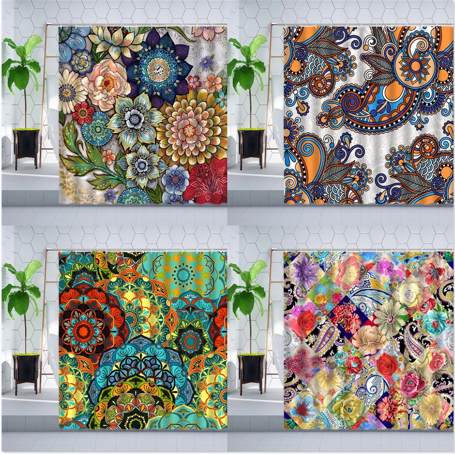 

India Classical Retro Flower Shower Curtain Bohemian Ethnic Style Color Mandala Floral Wall Cloth Bathroom Hanging Curtains Sets