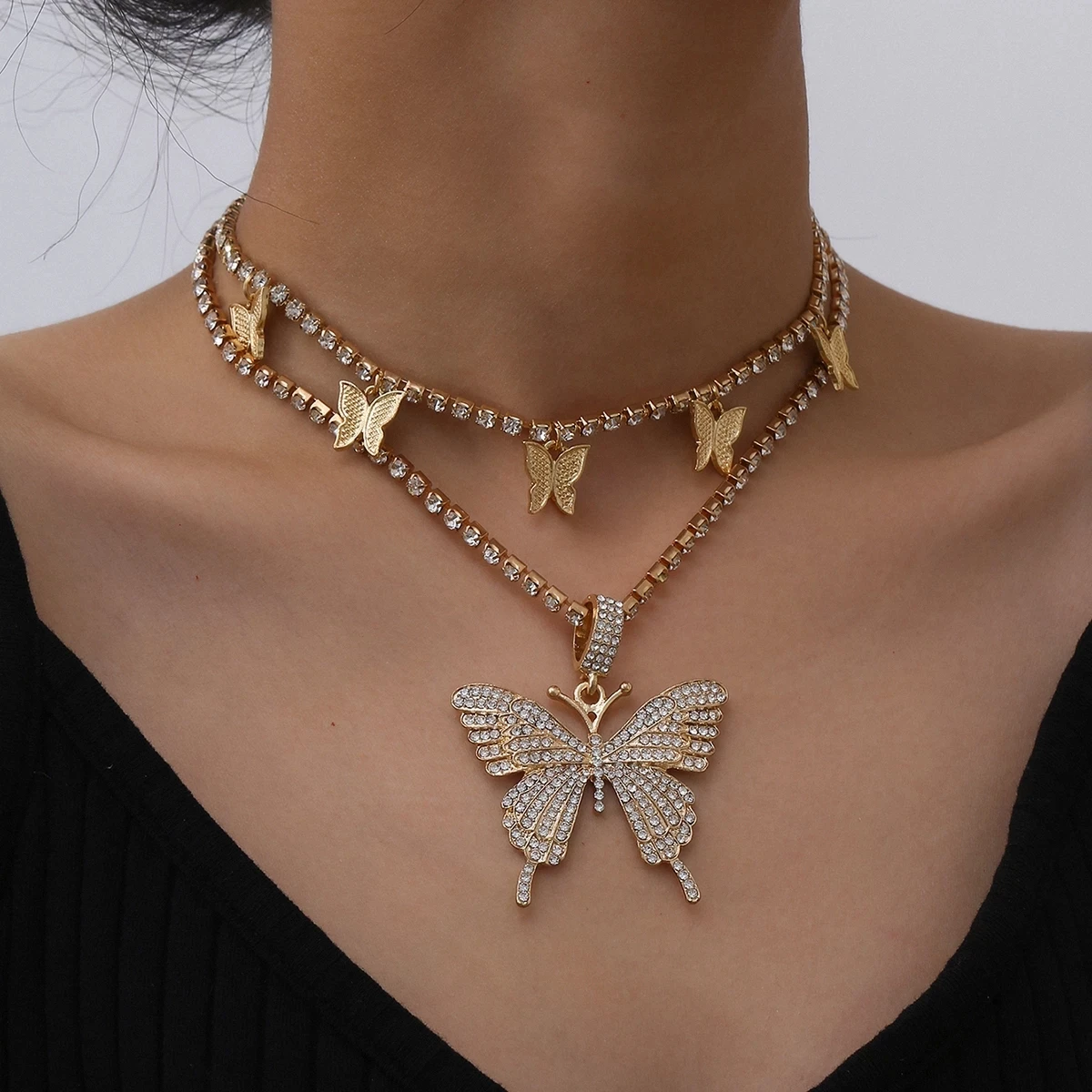 

Layered Butterfly Necklace Chain Set Luxury Rhinestones Choker Women Jewellery Pendant Statement Fashion Jewelry Bulk Wholesale