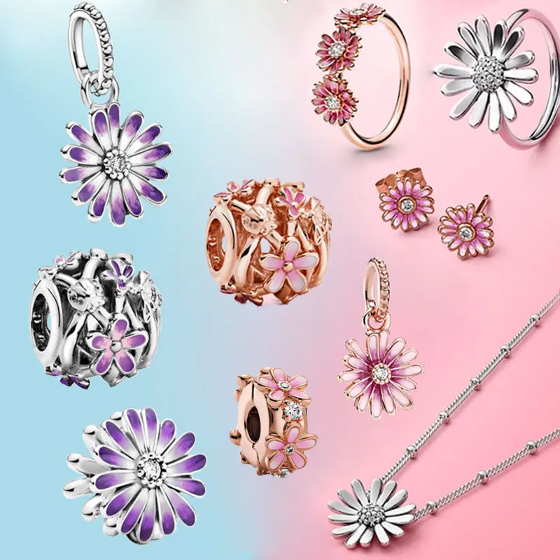 

925 Sterling Silver Pink and purple shadow Enamel Flower Pendant with Pandora women's bracelet and necklace jewelry beads