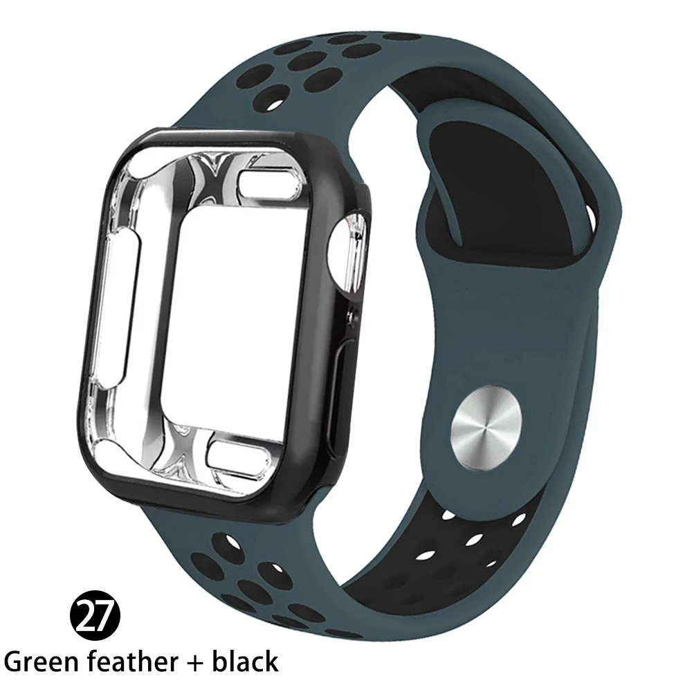 Чехол+ ремешок для apple Watch 5 ремешок 42 мм 38 мм 40 мм 44 мм спортивный силиконовый браслет для apple iwatch series 5 4 3 2 1 Аксессуары - Цвет ремешка: Green feather  black
