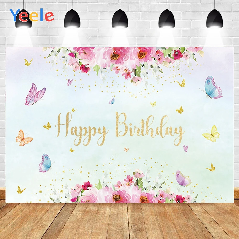 

Yeele Happy Birthday Pink Flowers Butterflies Spots Background Photophone Photography Backdrop for Decoration Customized Size