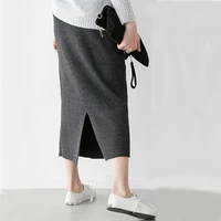 women skirts elastic autumn winter warm knitted straight skirt plus size mid long skirt black