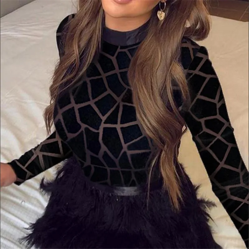 Женское прозрачное облегающее Сетчатое платье с длинным рукавом Коктейльные