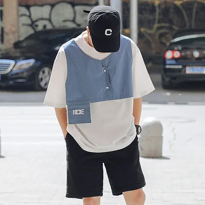 

Perth fake two short sleeve T-shirt Korean casual vest top summer trend round neck bottomed shirt men