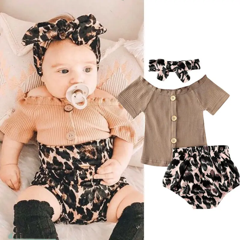 

Baby Girl Solid Fashion Unisex Newborn Kid Baby Girl Summer Clothes Knitted Tops T-shirt Leopard Shorts Outfits 0-18 Months