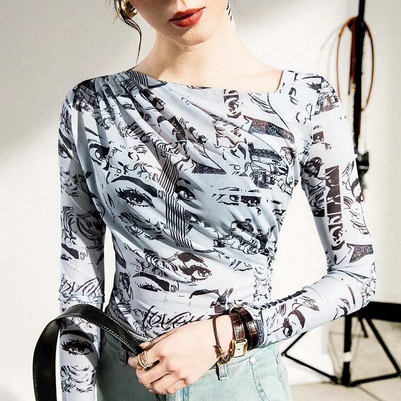 

Size S-2XL Women Skew Collar Soft Full Sleeve Printed Mesh T Shirts Lady Elegant Elastic Wrinkled Tops Tees Female T-Shirt S838