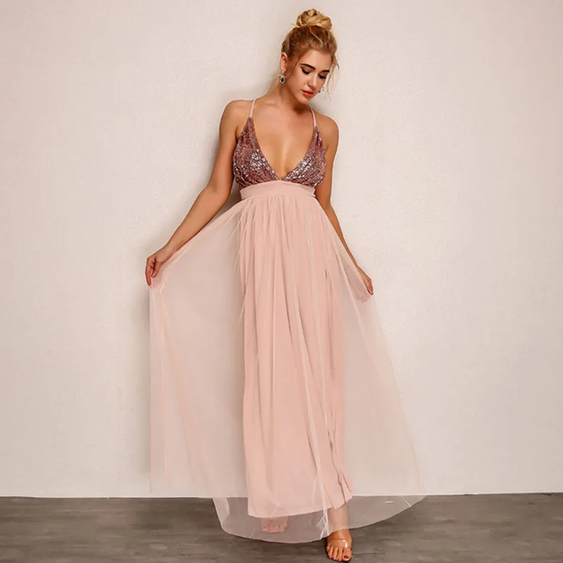 Элегантное платье макси с блестками и открытой спиной женские летние красные