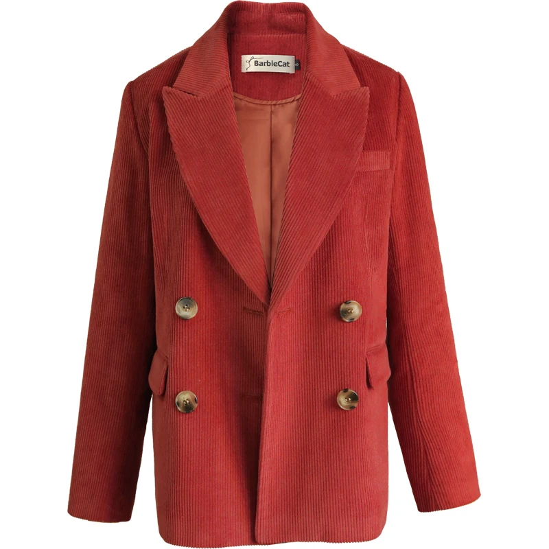 

Retro corduroy blazer women spring autumn fashion double breasted straight suit jacket