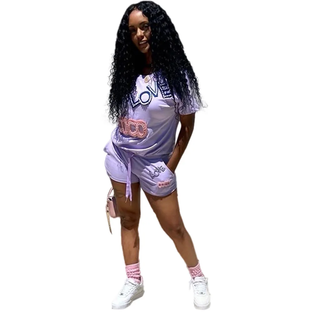 

Casual Letter Print Two Piece Sets O Neck Shortsleeve Top and Pockets Drawstring Shorts Fashion Diamonds Summer Sporty Tracksuit