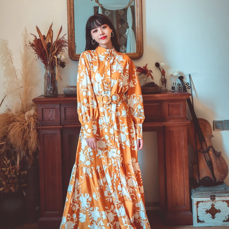 

Woman Maxi Shirt Dress Summer 2021 Fashion Puff Sleeve Stand-Neck Robe Femme Elegant Party Ethnic Vintage Floral Arabian Clothes
