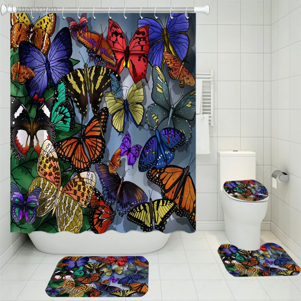 Offerte Tende Da Doccia In Tessuto Con Motivo A Farfalla Da Sogno Set Di Tende Da Bagno Tappeti Antiscivolo Coperchio Per Wc Tappetino Set Di Tappeti Decorazioni Per La Casa
