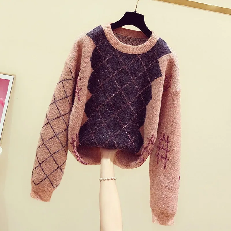 

2020 New Autumn Winter Female Pullovers Sweaters Vintage Plaid Loose Long Sleeve O Neck Keep Warm Knitted Top for Women