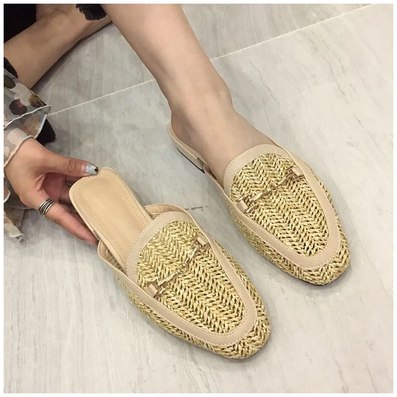 New Fashion Women Mules Slipper Low Heel Slip On Slide Sandals Cane Woven Beach Summer Slippers Flat Sandals