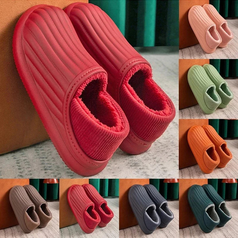 

2021 Winter Warm Plush Cotton Slippers Women Non Slip Waterproof Home Slides Woman Thick Sole Soft Indoor Couples Shoes