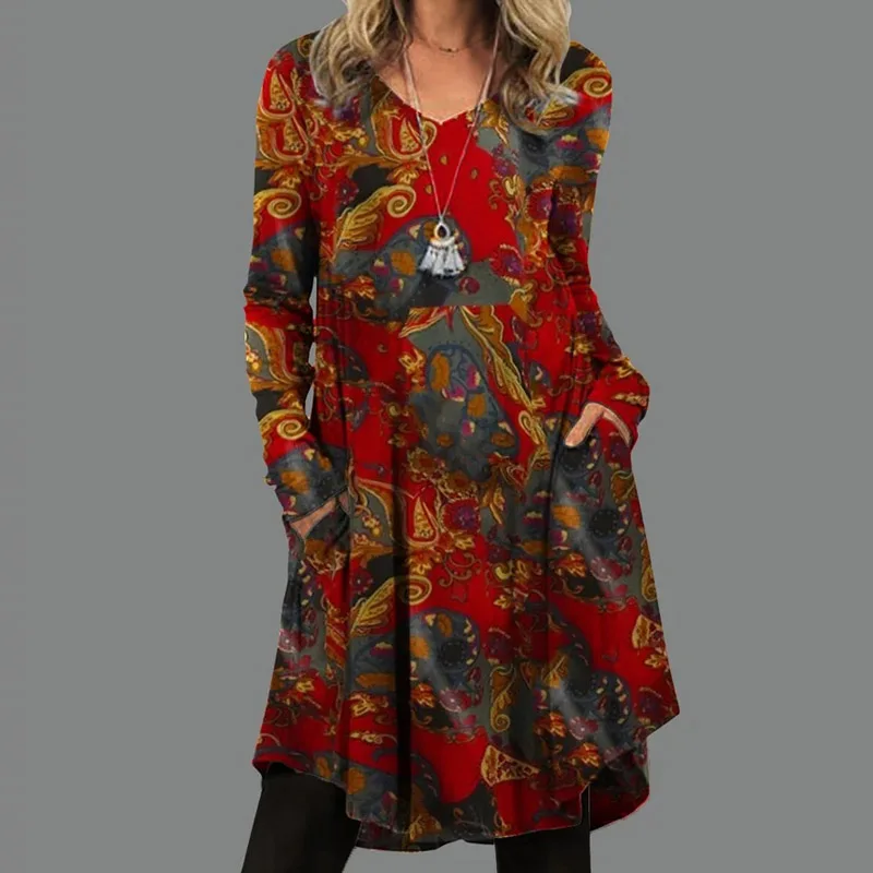 

Women Casual V Neck Pockets Loose Dresses Spring Long Sleeve Retro Printed Party Dress Streetwear Round Neck Plus Size Dress 3XL