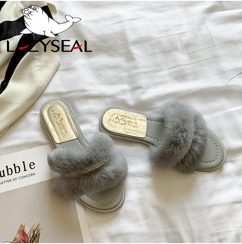 LazySeal/шикарная обувь; женские тапочки на натуральном меху; теплые пушистые тапочки на плоской подошве; женские сандалии со стразами; женские шлепанцы; вьетнамки