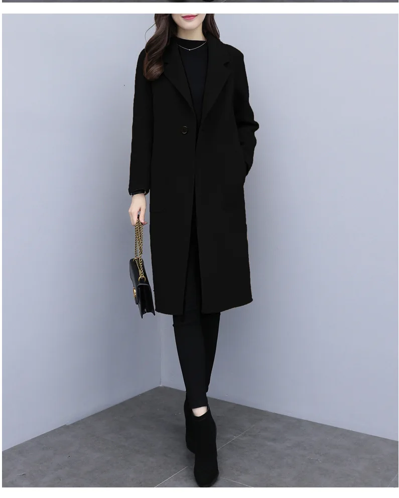 

JCHB 2021 Coat Fashion Long Women Wool Slim Single Button Winter Jacket Solid Office Lady Turn-down Collar Cashmere Coat