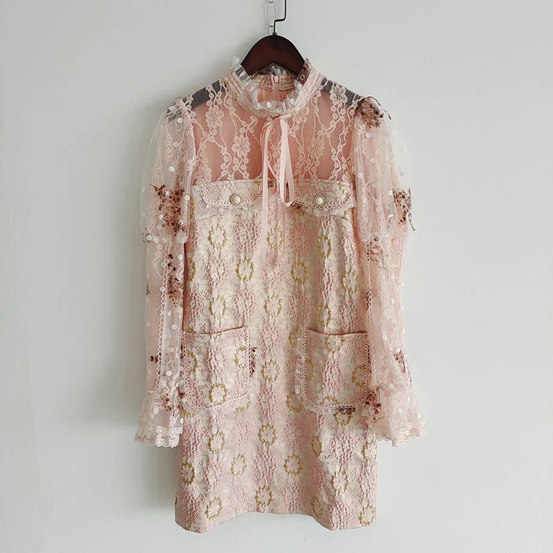 

2021 Весна Осень женское кружевное лоскутное платье с бантом роскошное 3D цветочное женское прямое платье розовое