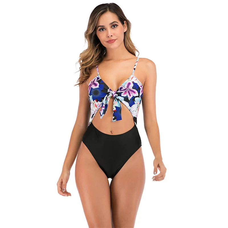 

2021 new swimsuit European and American printed bikini sexy Siamese deep V swimwear factory in stock wholesale