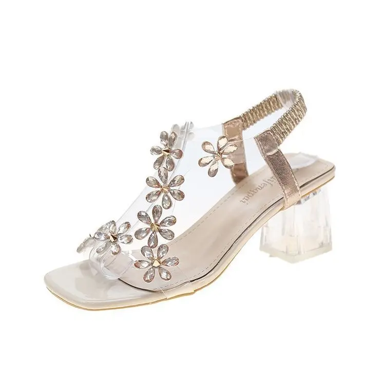 

Open Toe Female Sandal Pvc Shoes 2021 Summer Breathable All-Match Med Block Heels Peep Girls Plastic Rhinestone New Comfort Mult