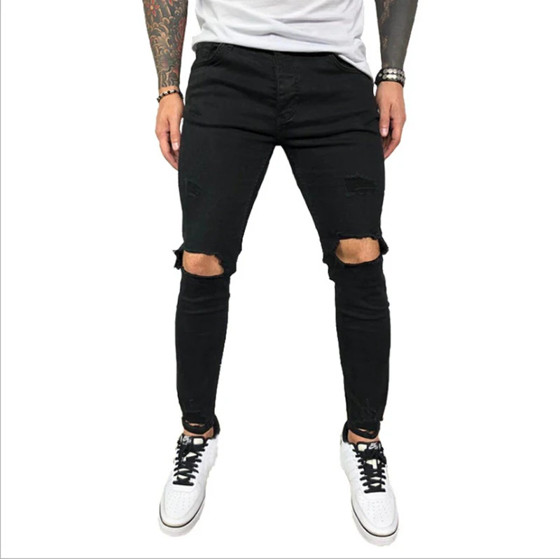 Skinny Jeans Men Fashion Knee Ripped Stretch Blue Denim Pencil Pants Male Slim Fit Distressed Black Jeans