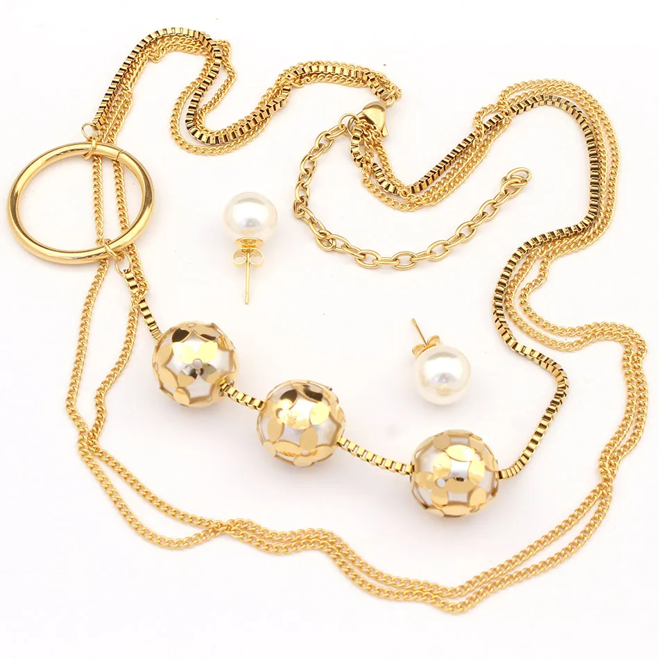 Цепочки для свитера ожерелье золотого цвета подвеска с шариком и серьги-гвоздики