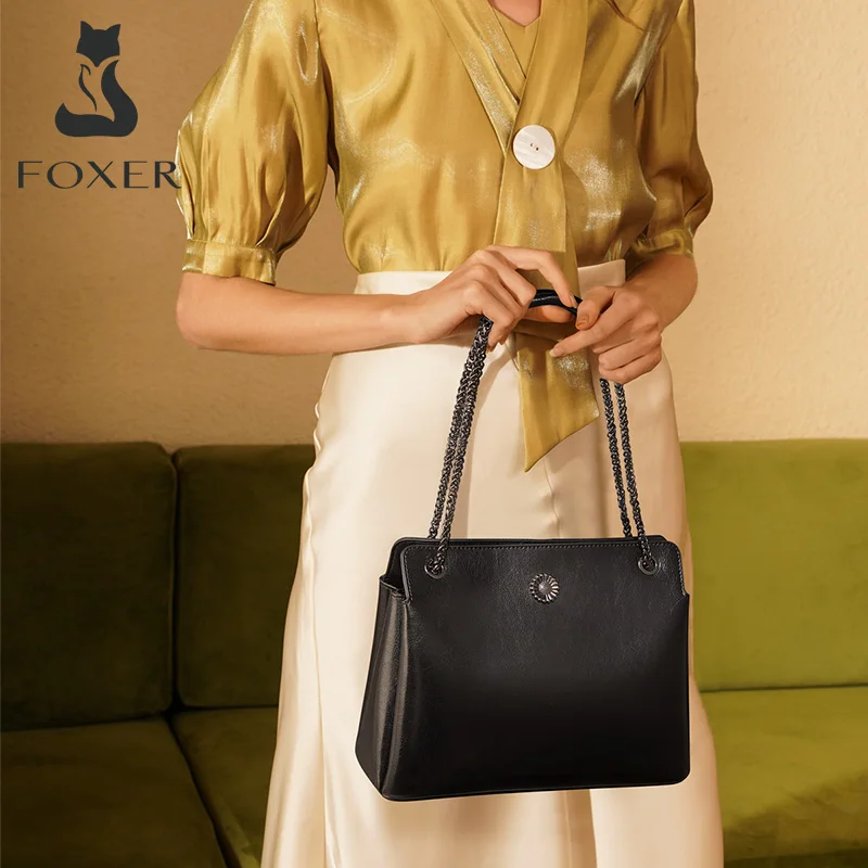 foxer lady split leather fashion simple chain shoulder bag office high quality women bag large capacity commuter messenger bag free global shipping