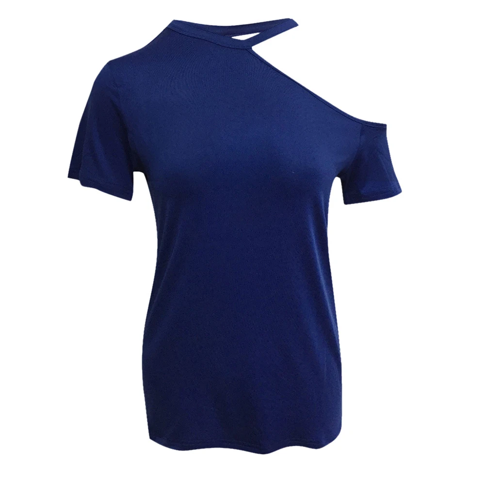 Футболка женская облегающая со скошенными плечами пикантный модный однотонный