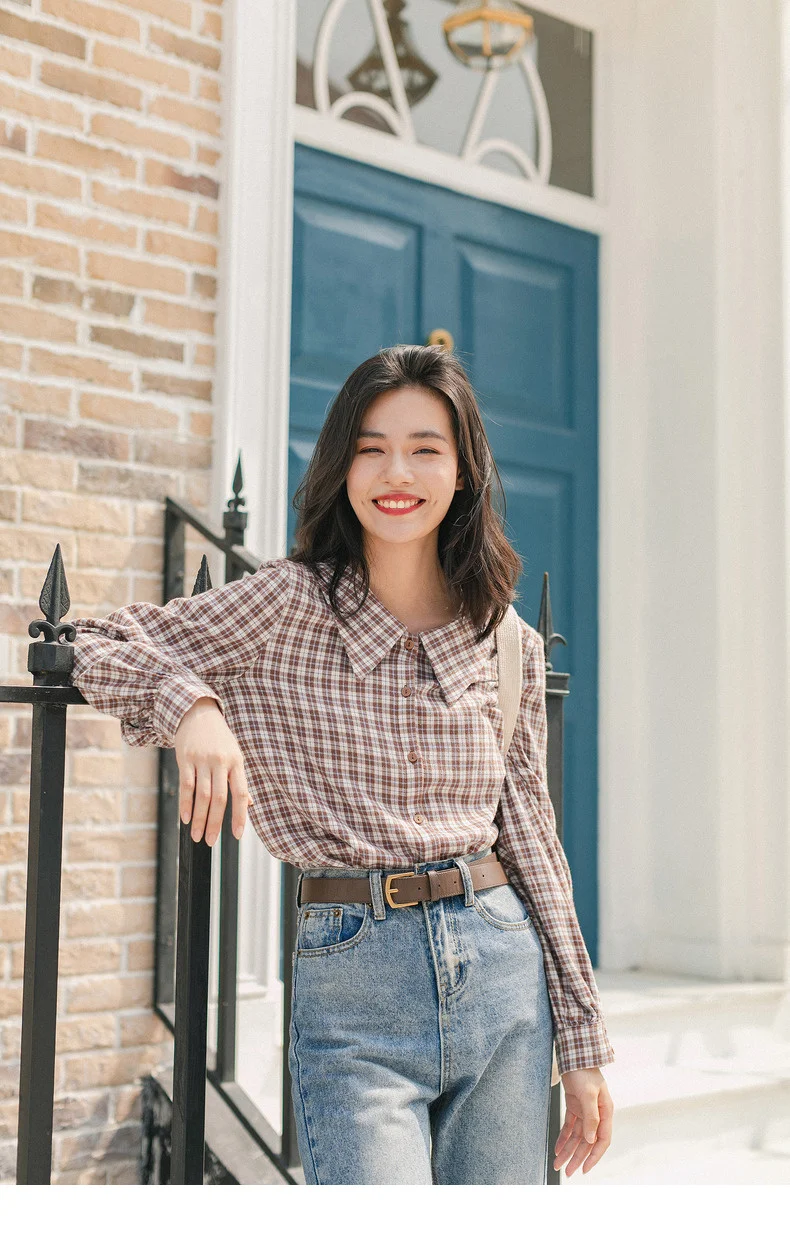 INMAN Winter New Arrival Literary Retro 100%Cotton Doll Collar Plaid Loose Long Sleeve Women Blouse